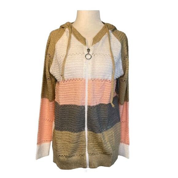 Crochet Hollow-Out Open Knit Striped Hooded Cardigan Colorblock Zip-Up M - Picture 1 of 5